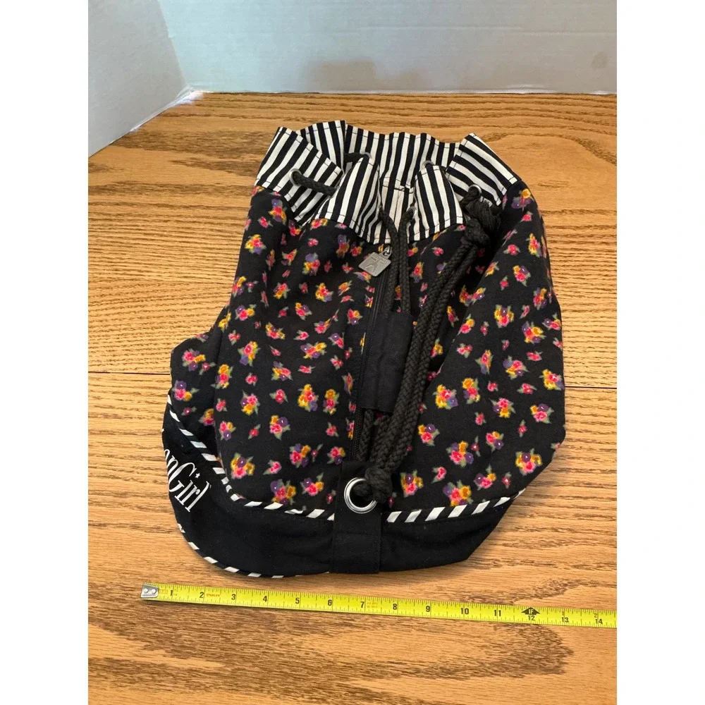 American Girl Floral Drawstring Backpack Bag Black Pink Yellow Striped Trim